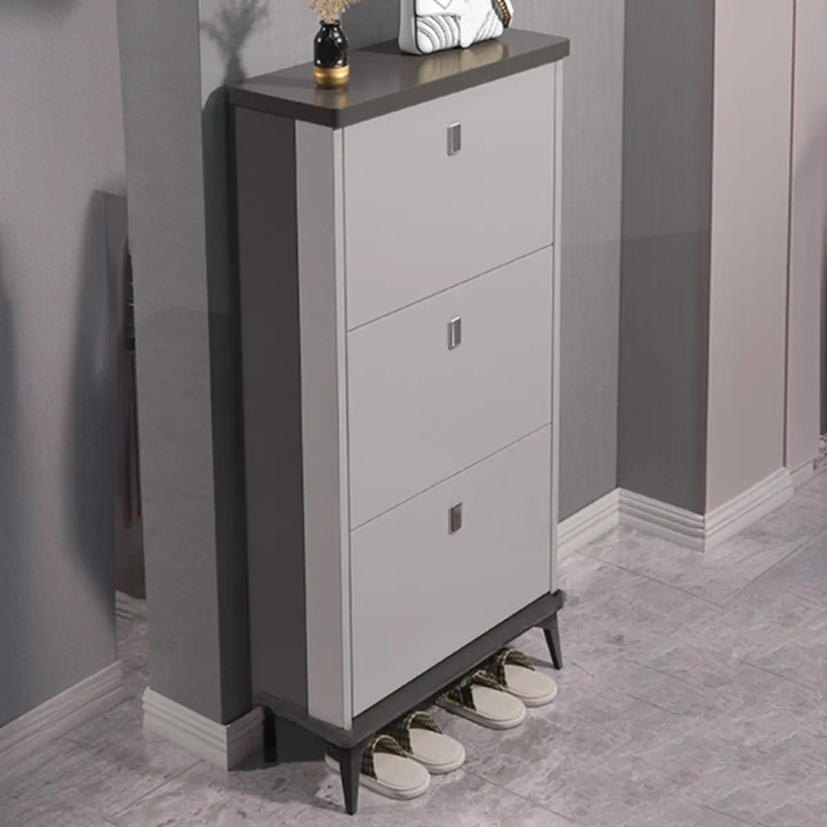 Modern Slim Wood Shoe Cabinet Hallway Gray 3-Tier Storage Image - 27