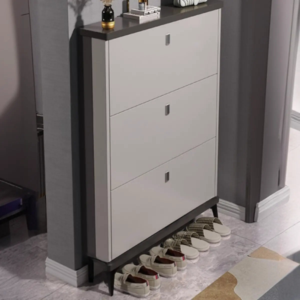 Modern Slim Wood Shoe Cabinet Hallway Gray 3-Tier Storage Image - 28