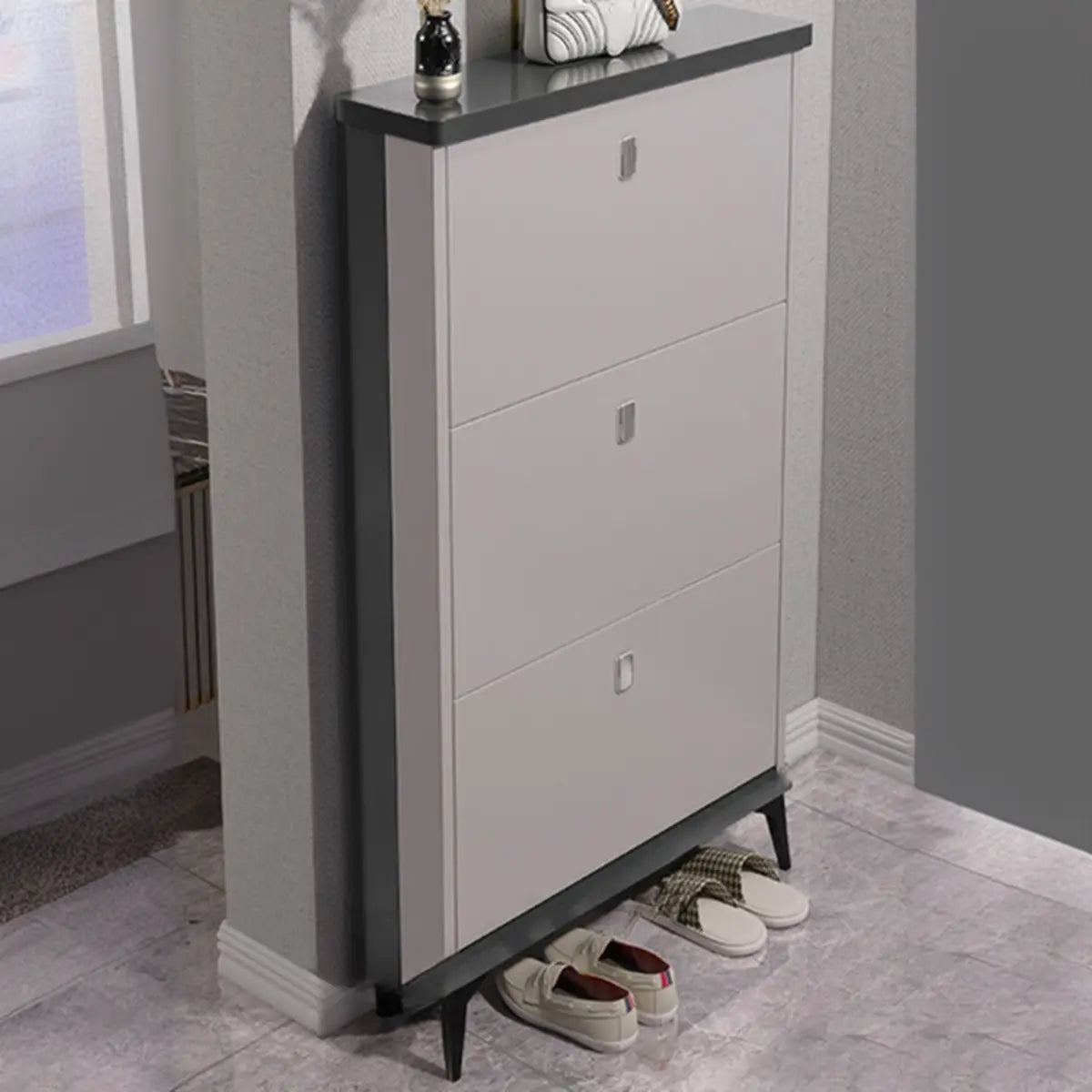 Modern Slim Wood Shoe Cabinet Hallway Gray 3-Tier Storage Image - 29