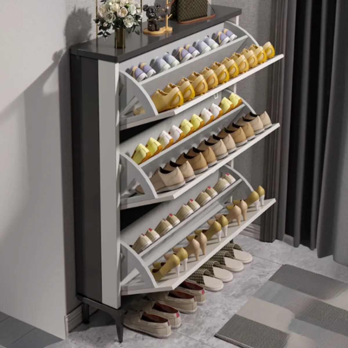 Modern Slim Wood Shoe Cabinet Hallway Gray 3-Tier Storage Image - 3