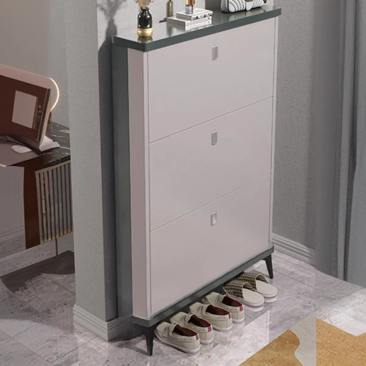 Modern Slim Wood Shoe Cabinet Hallway Gray 3-Tier Storage Image - 30