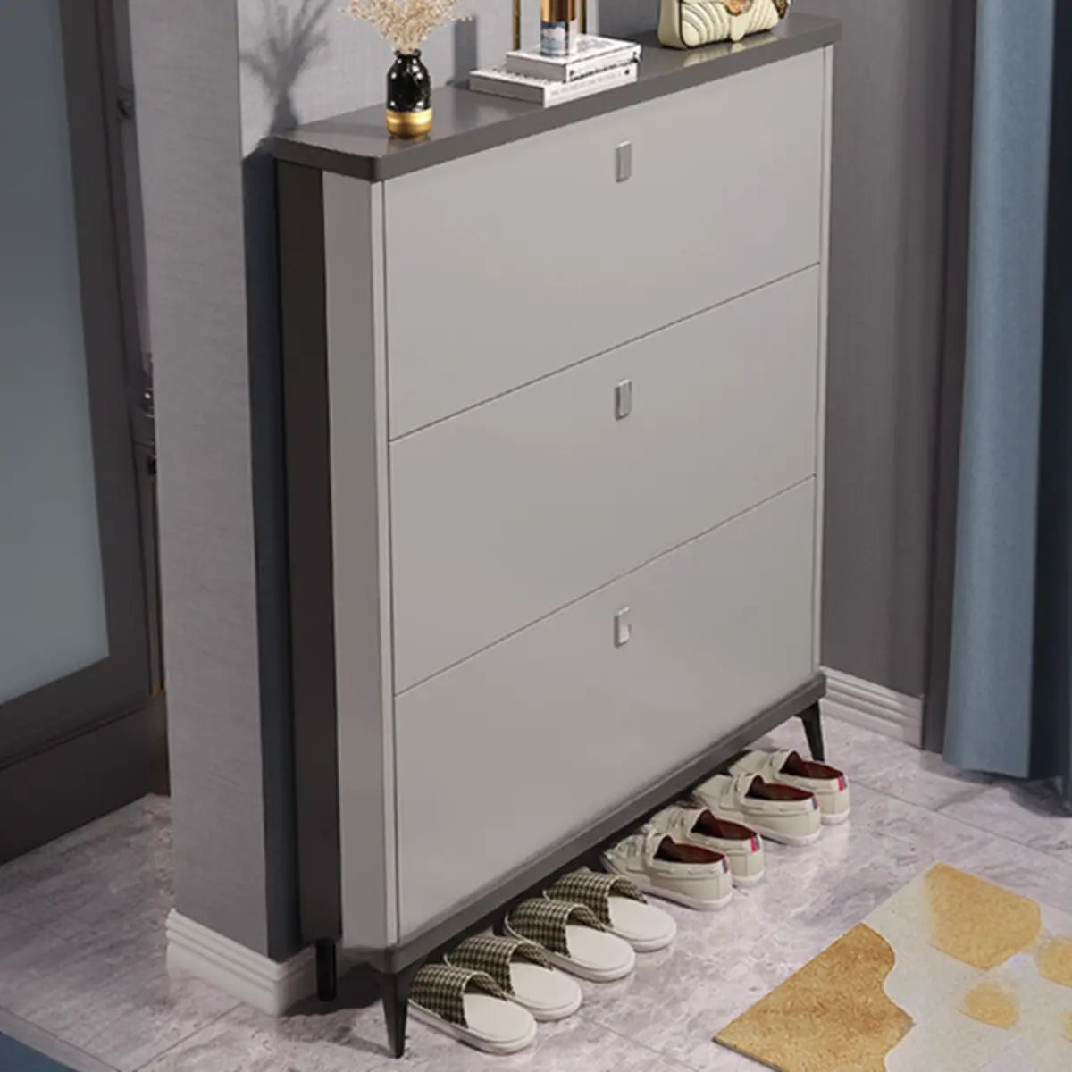 Modern Slim Wood Shoe Cabinet Hallway Gray 3-Tier Storage Image - 31