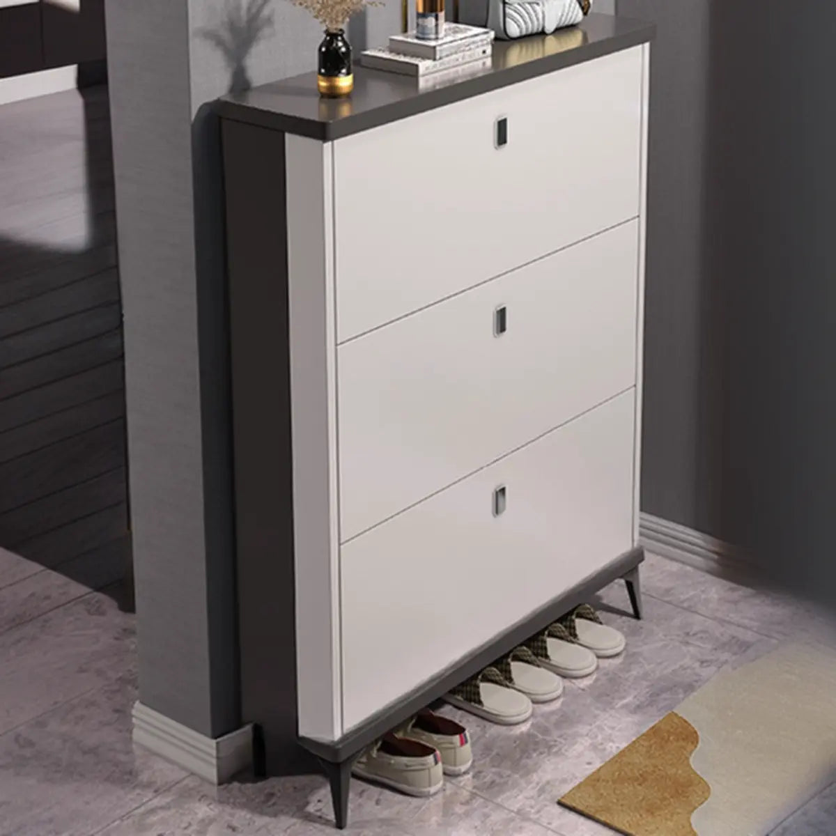 Modern Slim Wood Shoe Cabinet Hallway Gray 3-Tier Storage Image - 6