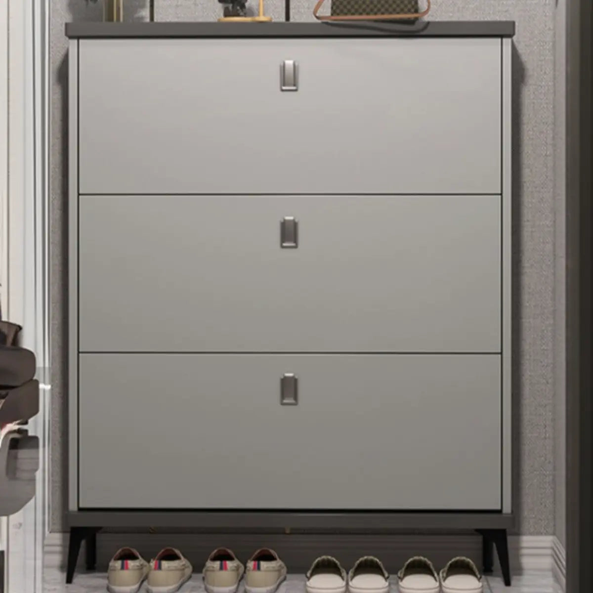 Modern Slim Wood Shoe Cabinet Hallway Gray 3-Tier Storage Image - 7