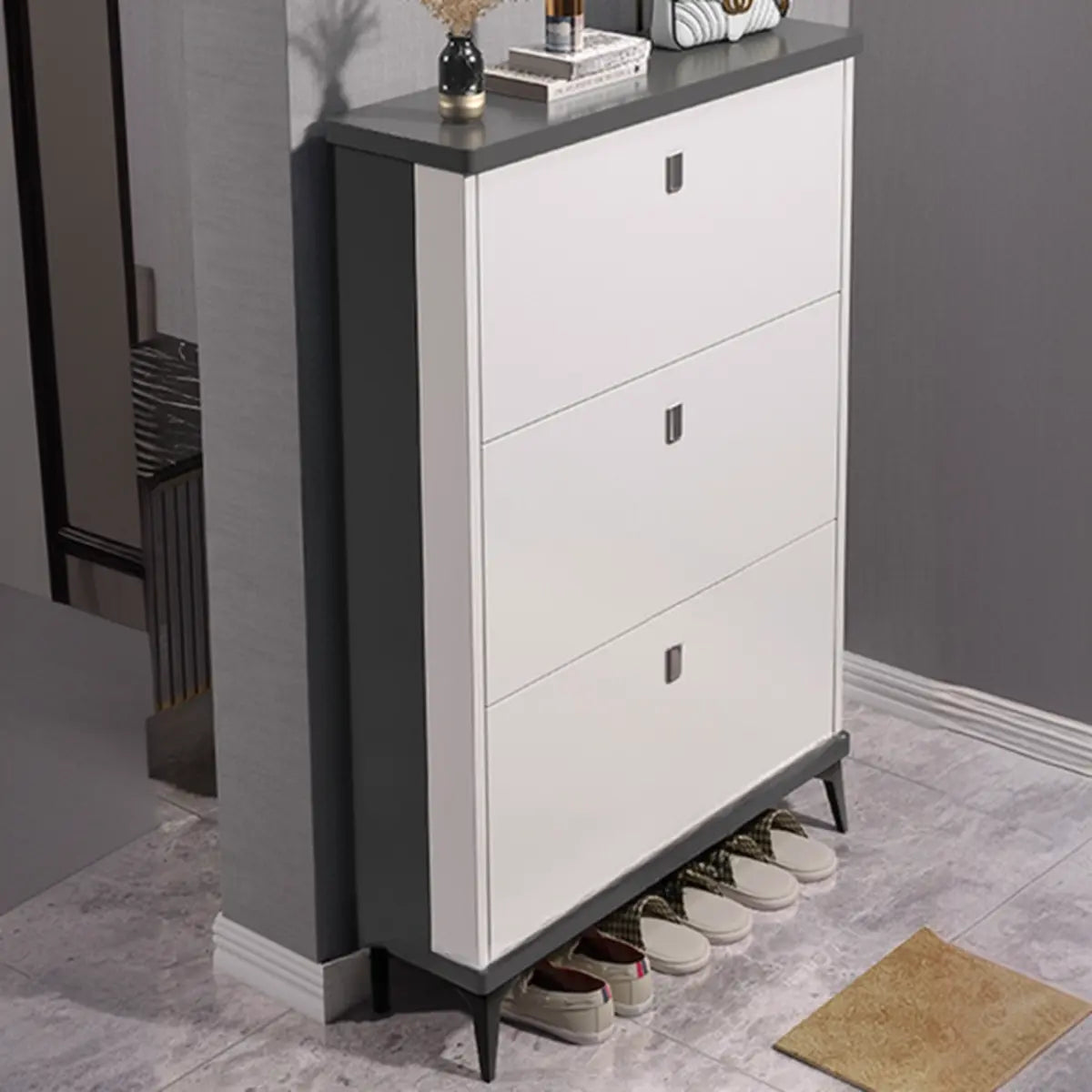 Modern Slim Wood Shoe Cabinet Hallway Gray 3-Tier Storage Image - 8