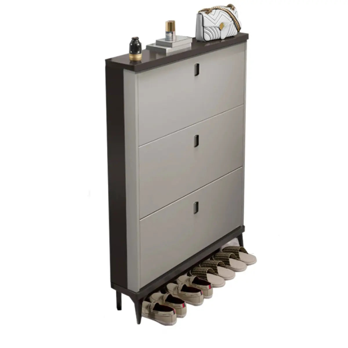 Modern Slim Wood Shoe Cabinet Hallway Gray 3-Tier Storage Image - 9