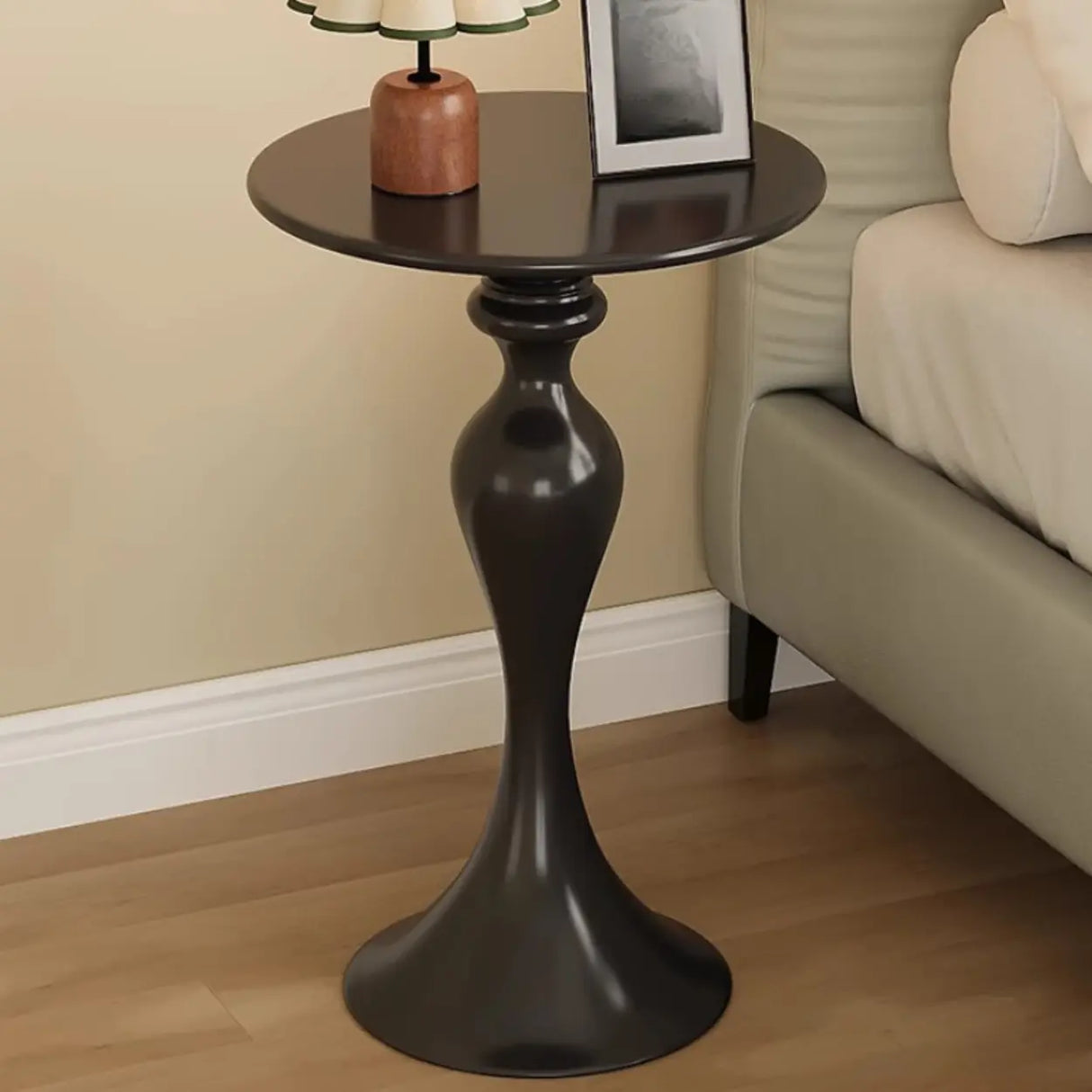 Modern Small Black Round Sculpted Pedestal Metal Side Table Image - 1