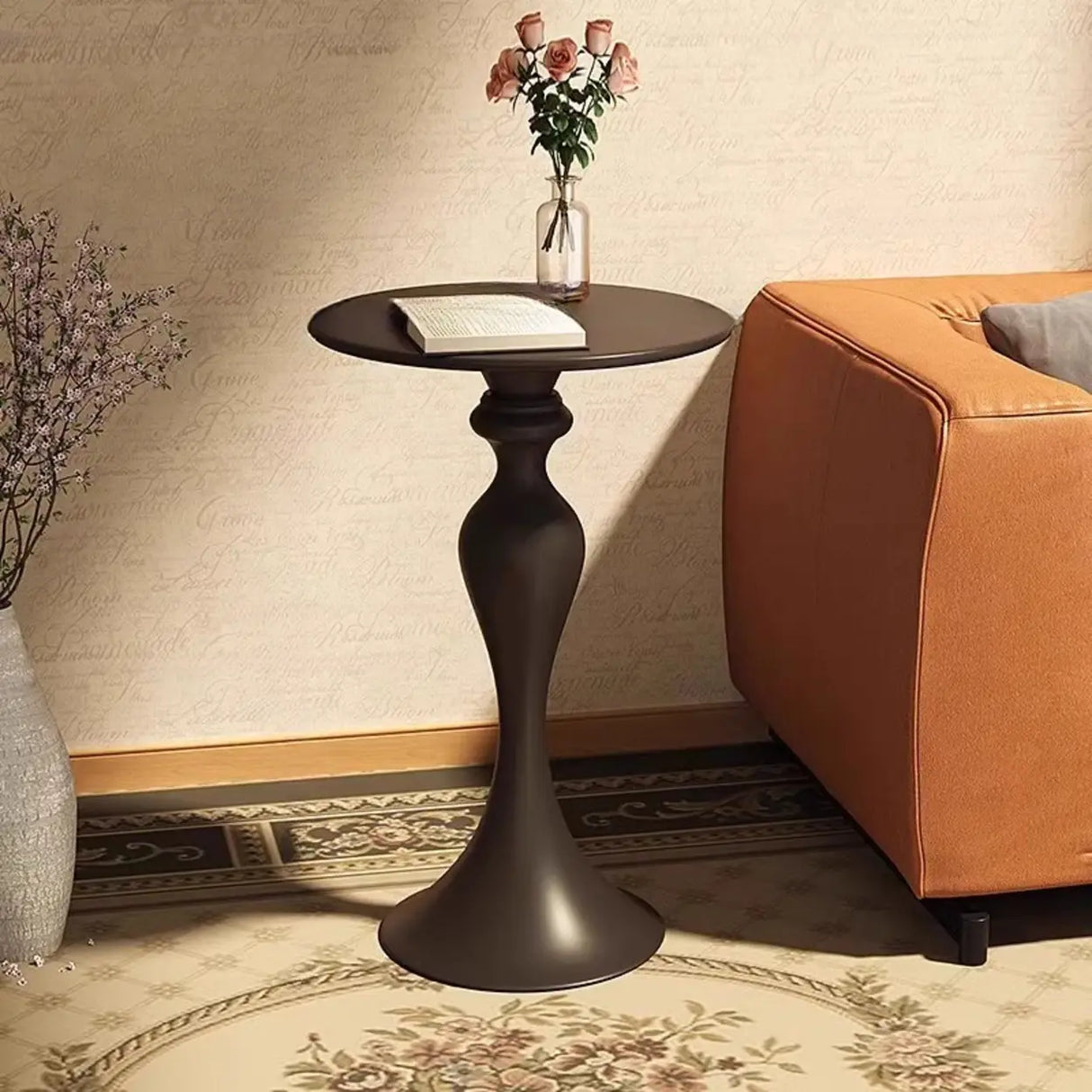Modern Small Black Round Sculpted Pedestal Metal Side Table Image - 2