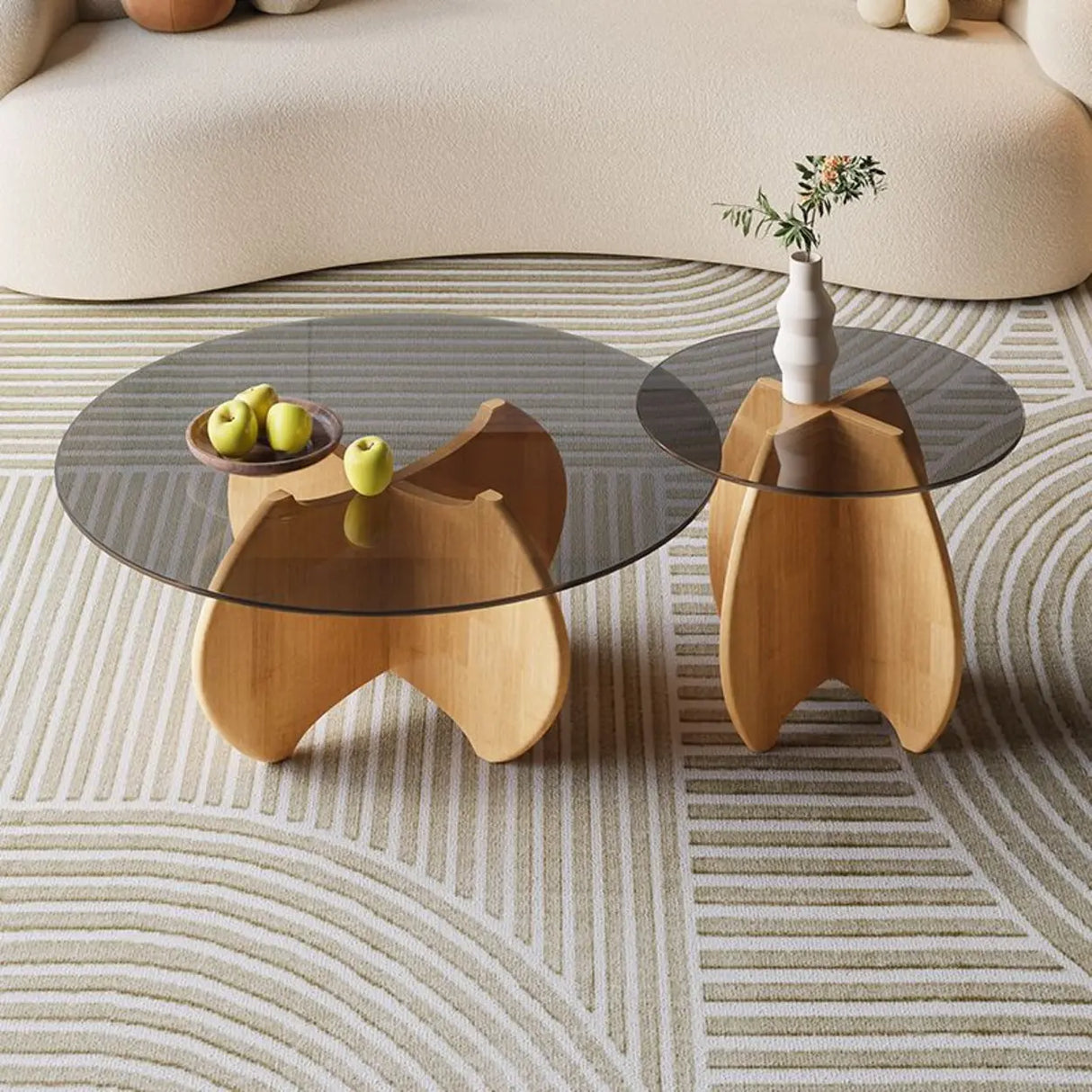 Modern Small Round Gray Glass Coffee Table with Wood Base Image - 1