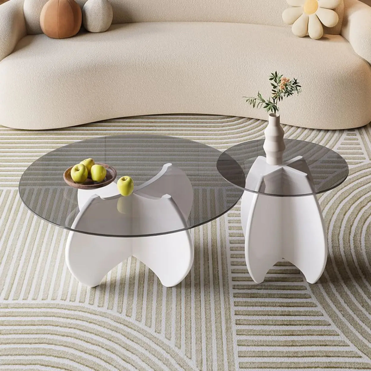 Modern Small Round Gray Glass Coffee Table with Wood Base Image - 8