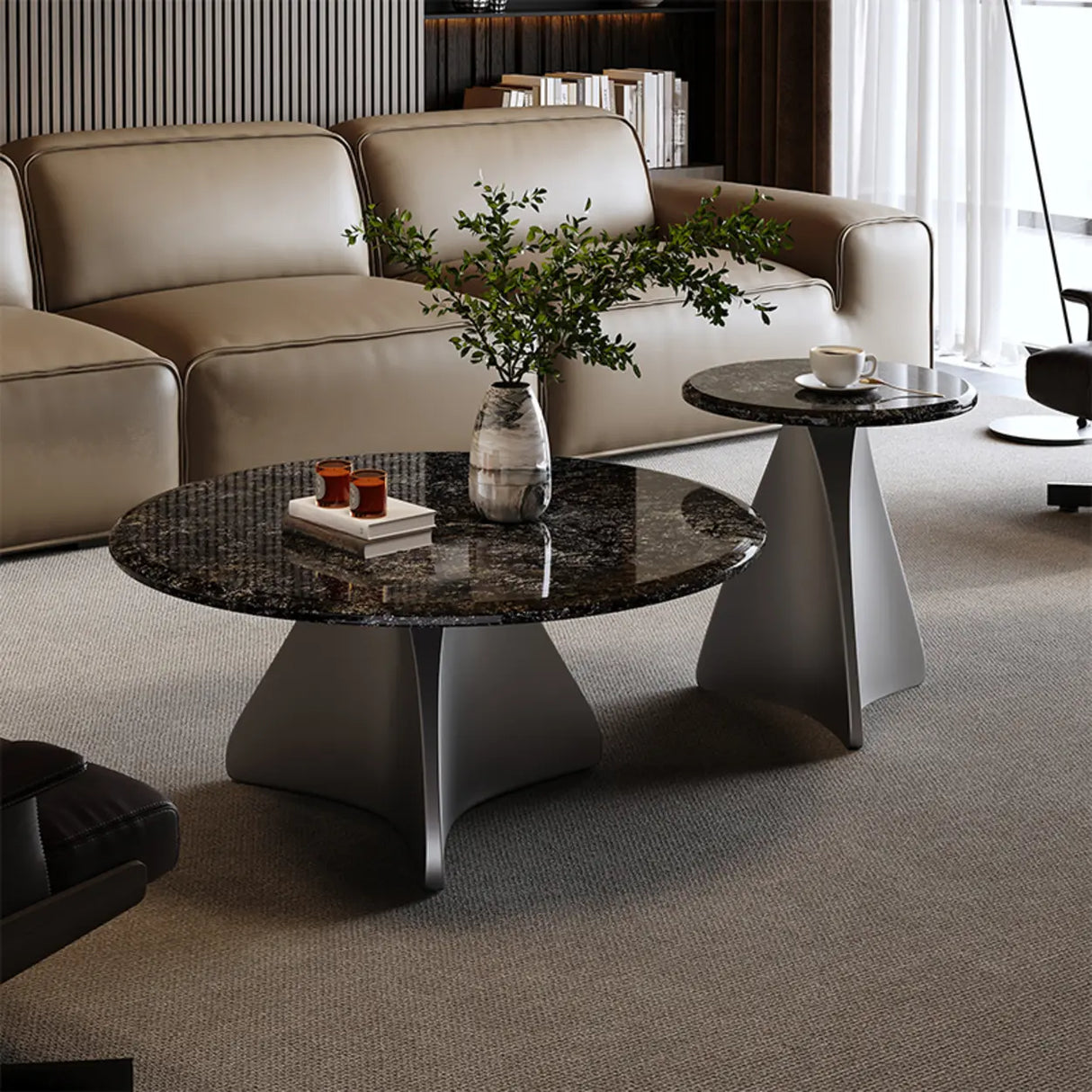 Modern Small Round Polished Stone Stain-Resist Coffee Table Image - 4