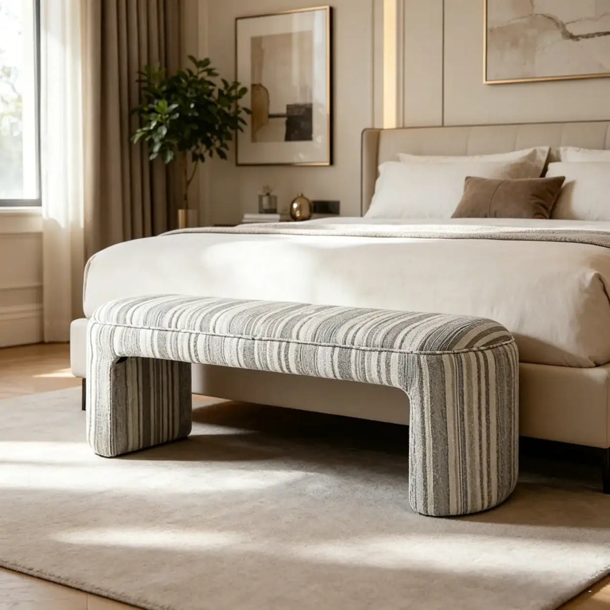 Modern Solid Wood Striped Upholstered Bedroom Accent Bench Image - 12