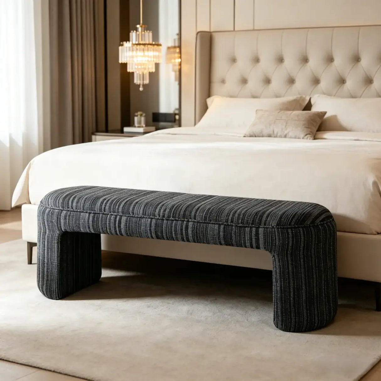Modern Solid Wood Striped Upholstered Bedroom Accent Bench Image - 14