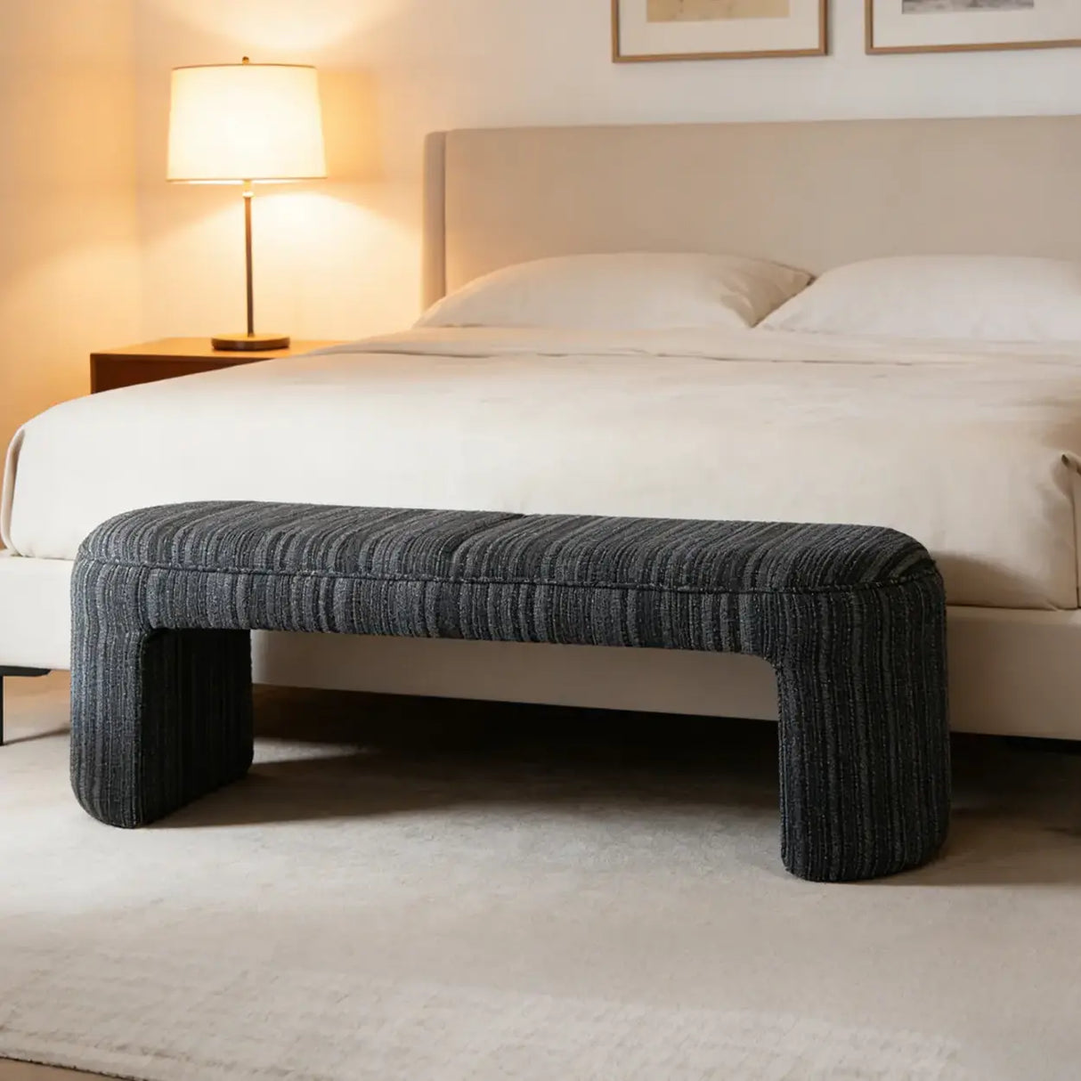 Modern Solid Wood Striped Upholstered Bedroom Accent Bench Image - 15