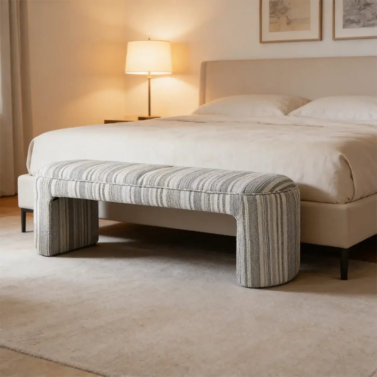 Modern Solid Wood Striped Upholstered Bedroom Accent Bench Image - 16