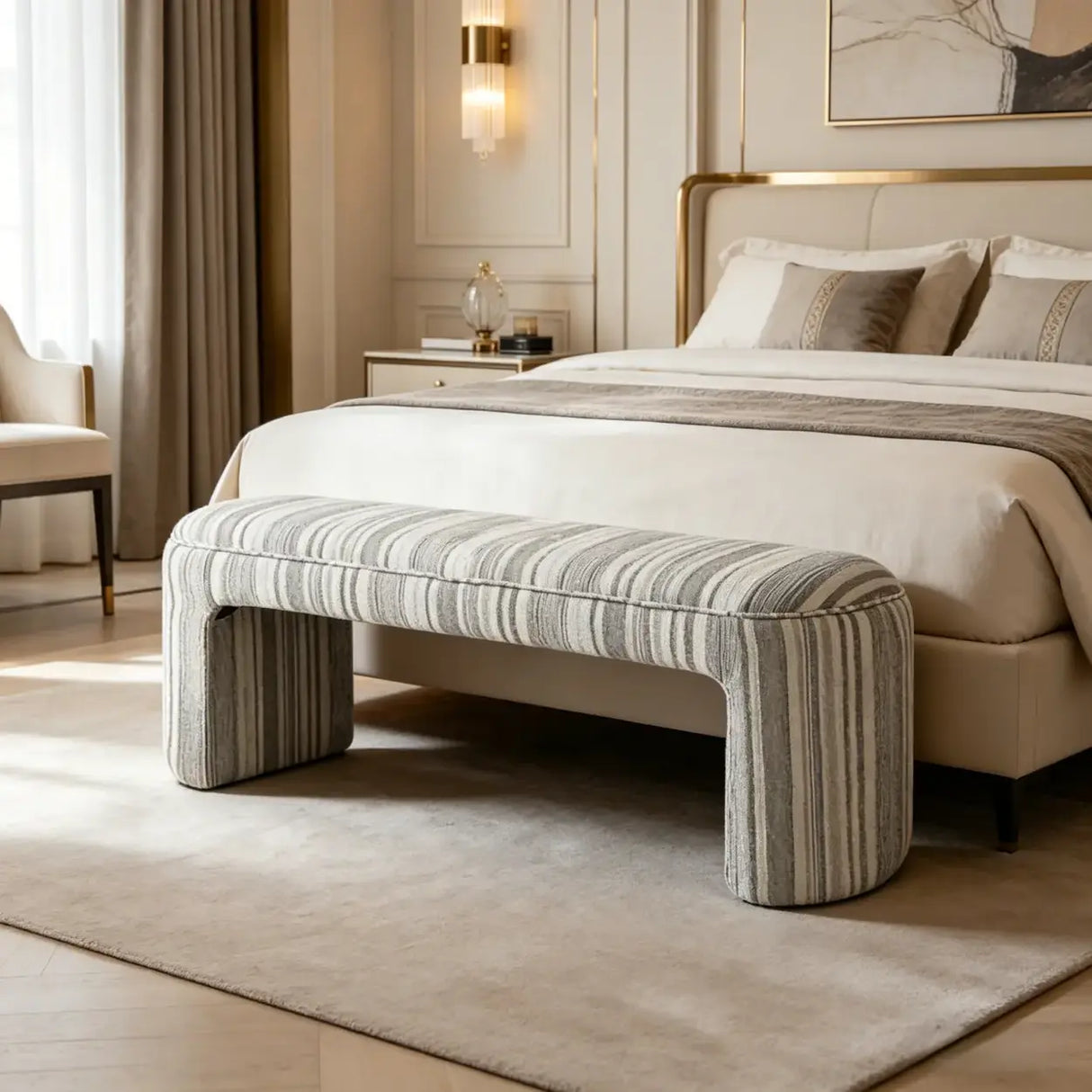 Modern Solid Wood Striped Upholstered Bedroom Accent Bench Image - 3