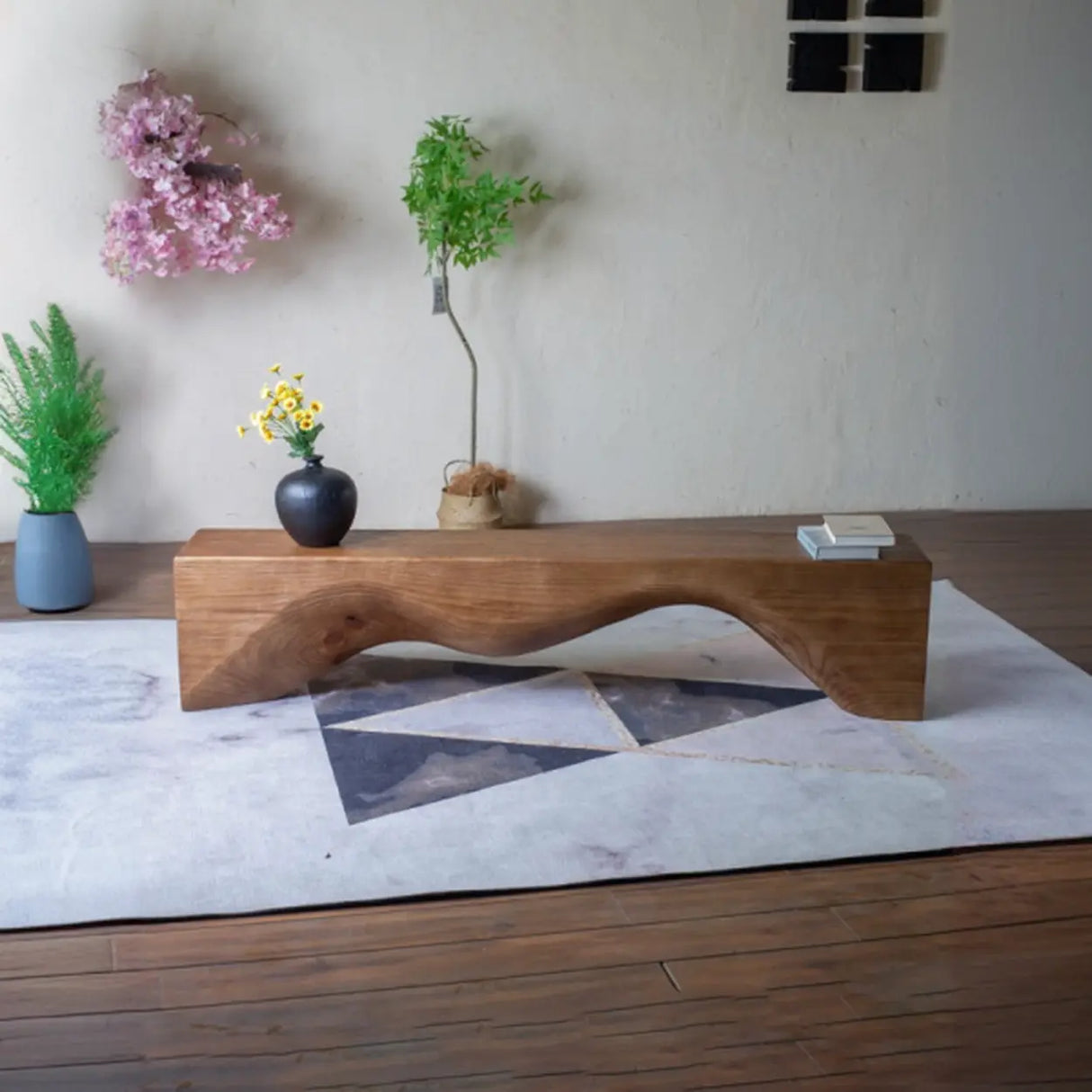 Modern Solid Wood Wave Bench for Home & Office Decor Image - 1