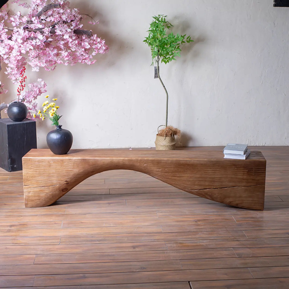 Modern Solid Wood Wave Bench for Home & Office Decor Image - 4