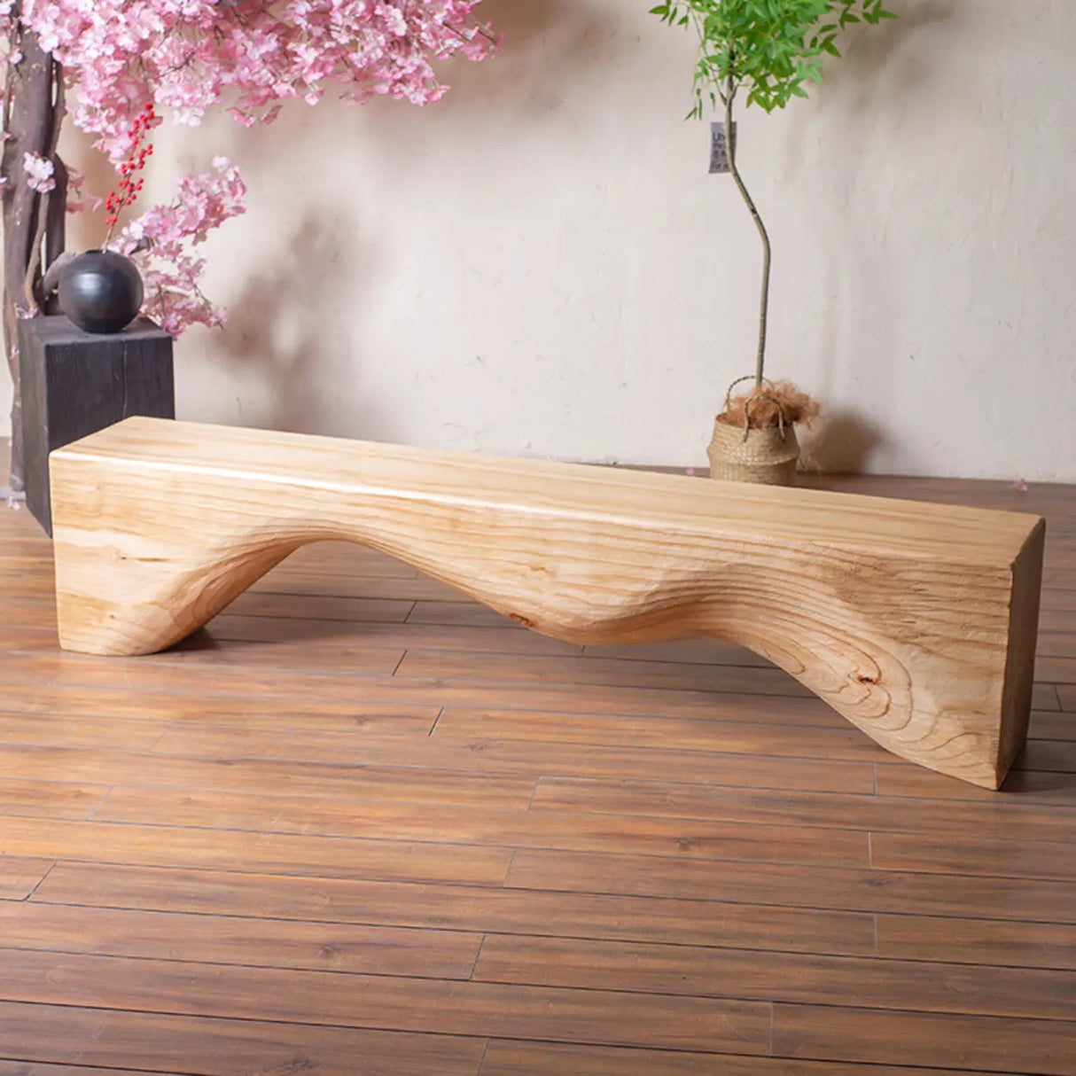 Modern Solid Wood Wave Bench for Home & Office Decor Image - 5
