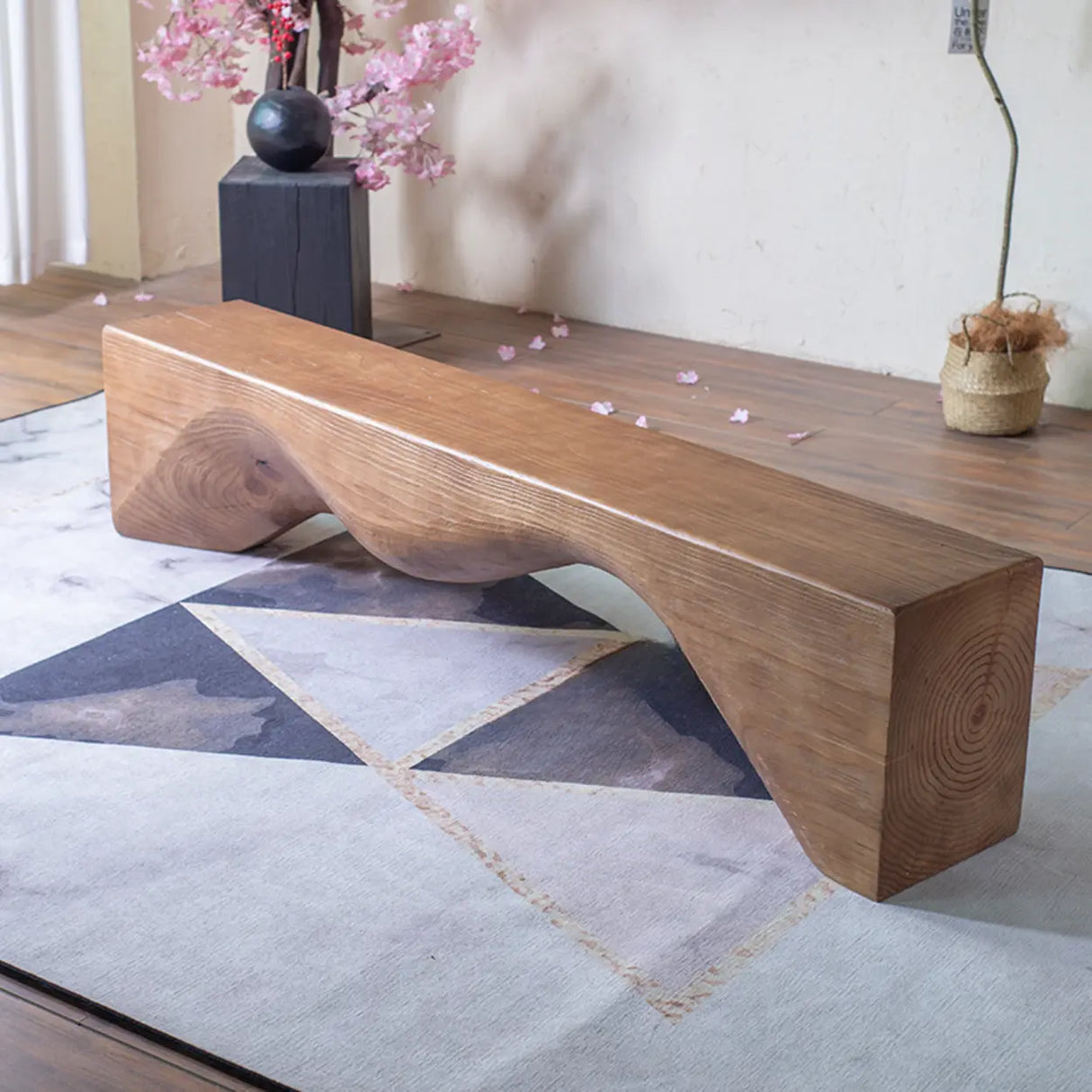 Modern Solid Wood Wave Bench for Home & Office Decor Image - 7