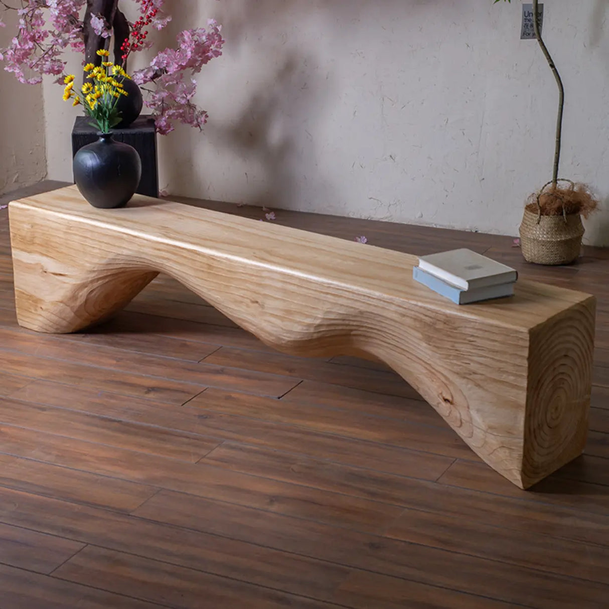 Modern Solid Wood Wave Bench for Home & Office Decor Image - 8