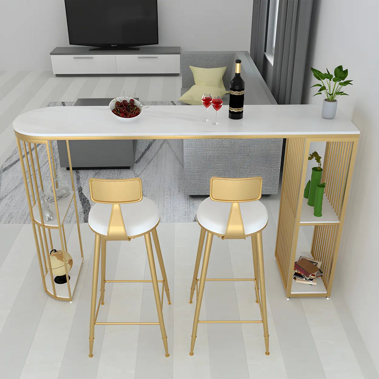 Modern Space-Saving Bar Table with Storage Shelves Image - 1