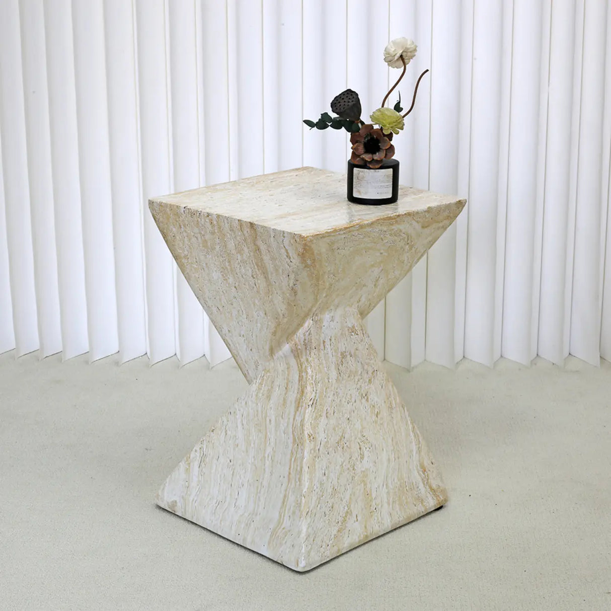 Modern Square Stone Geometric Twisted Block Side Table Image - 1