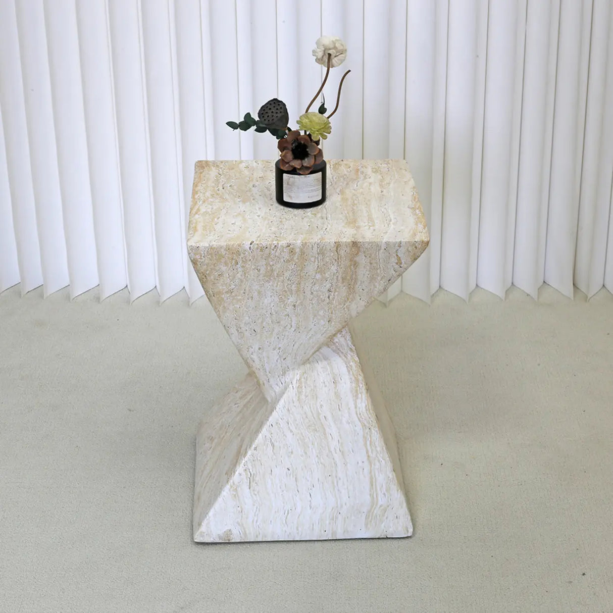 Modern Square Stone Geometric Twisted Block Side Table Image - 2
