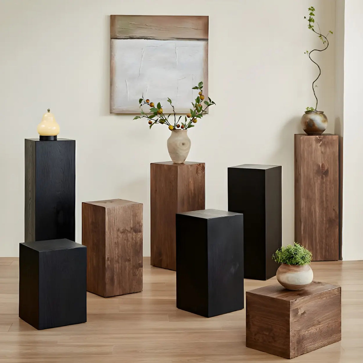 Modern Square Wood Black Brown Floor Plant Stand Image - 1