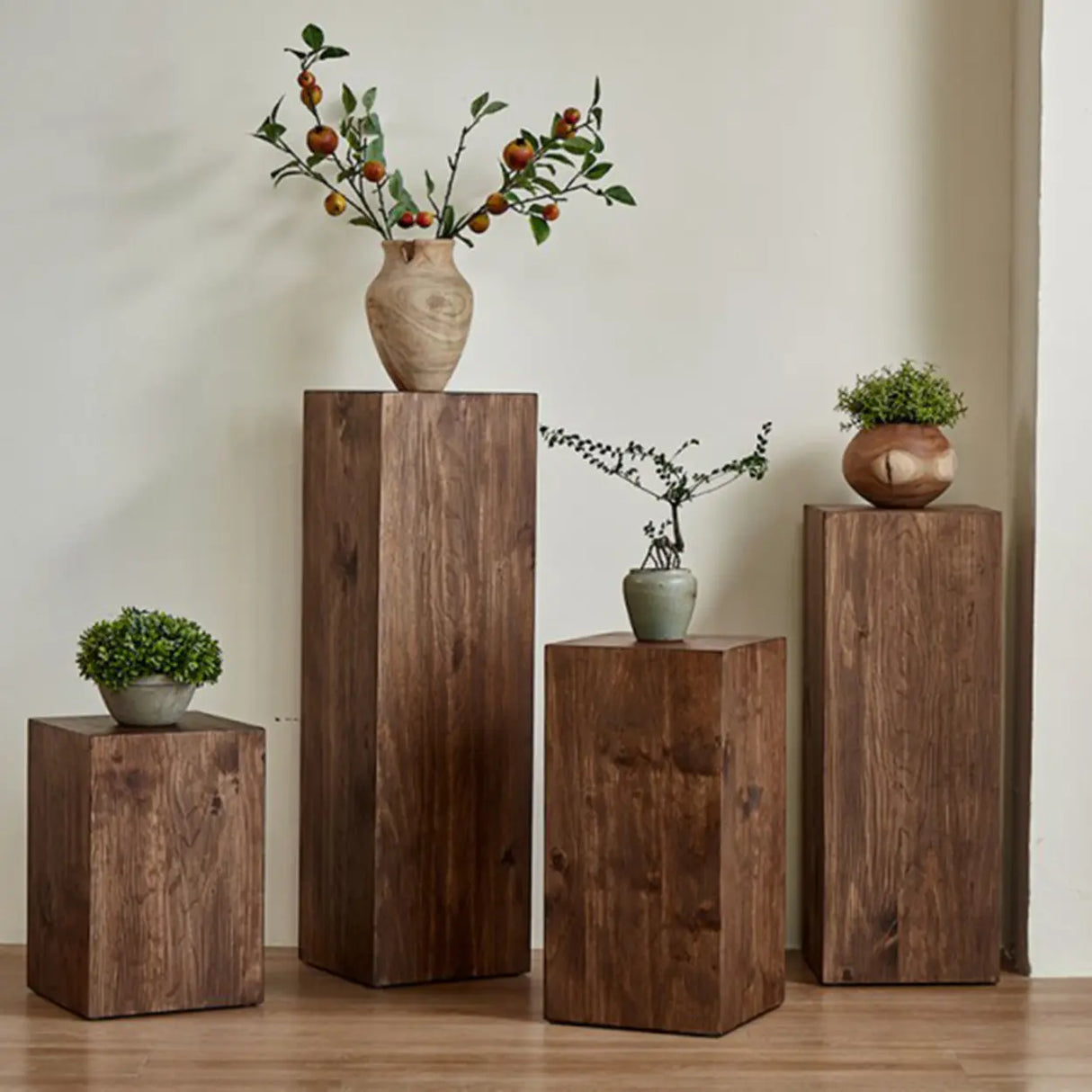 Modern Square Wood Black Brown Floor Plant Stand Image - 4