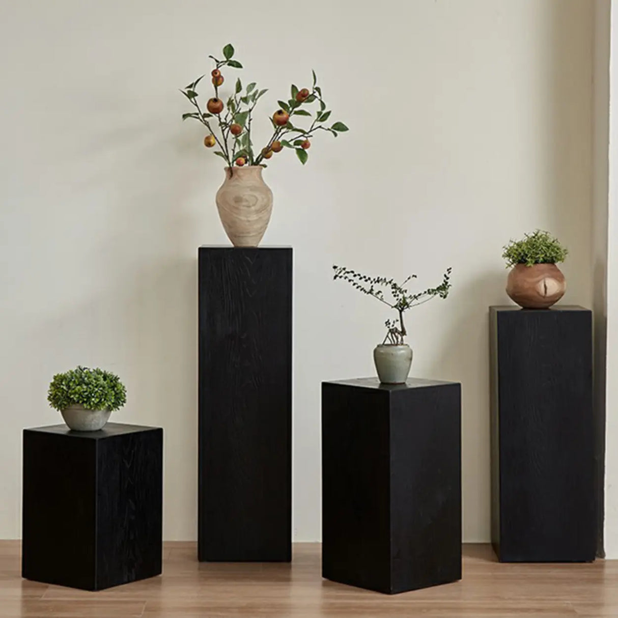 Modern Square Wood Black Brown Floor Plant Stand Image - 5