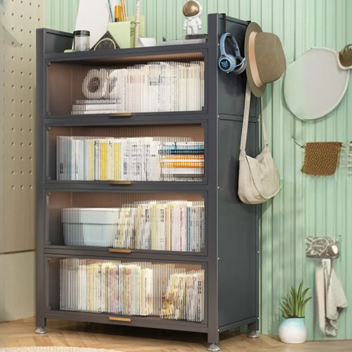 Modern Steel Vertical Shelf Display Bookcase White Image - 10