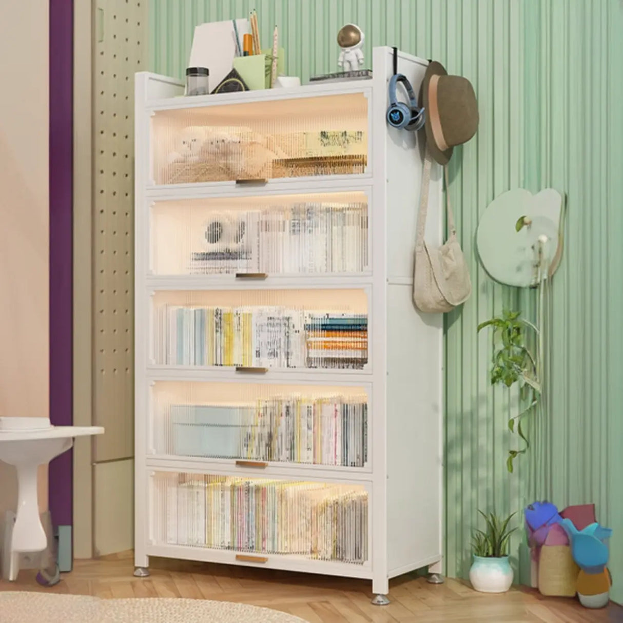 Modern Steel Vertical Shelf Display Bookcase White Image - 11