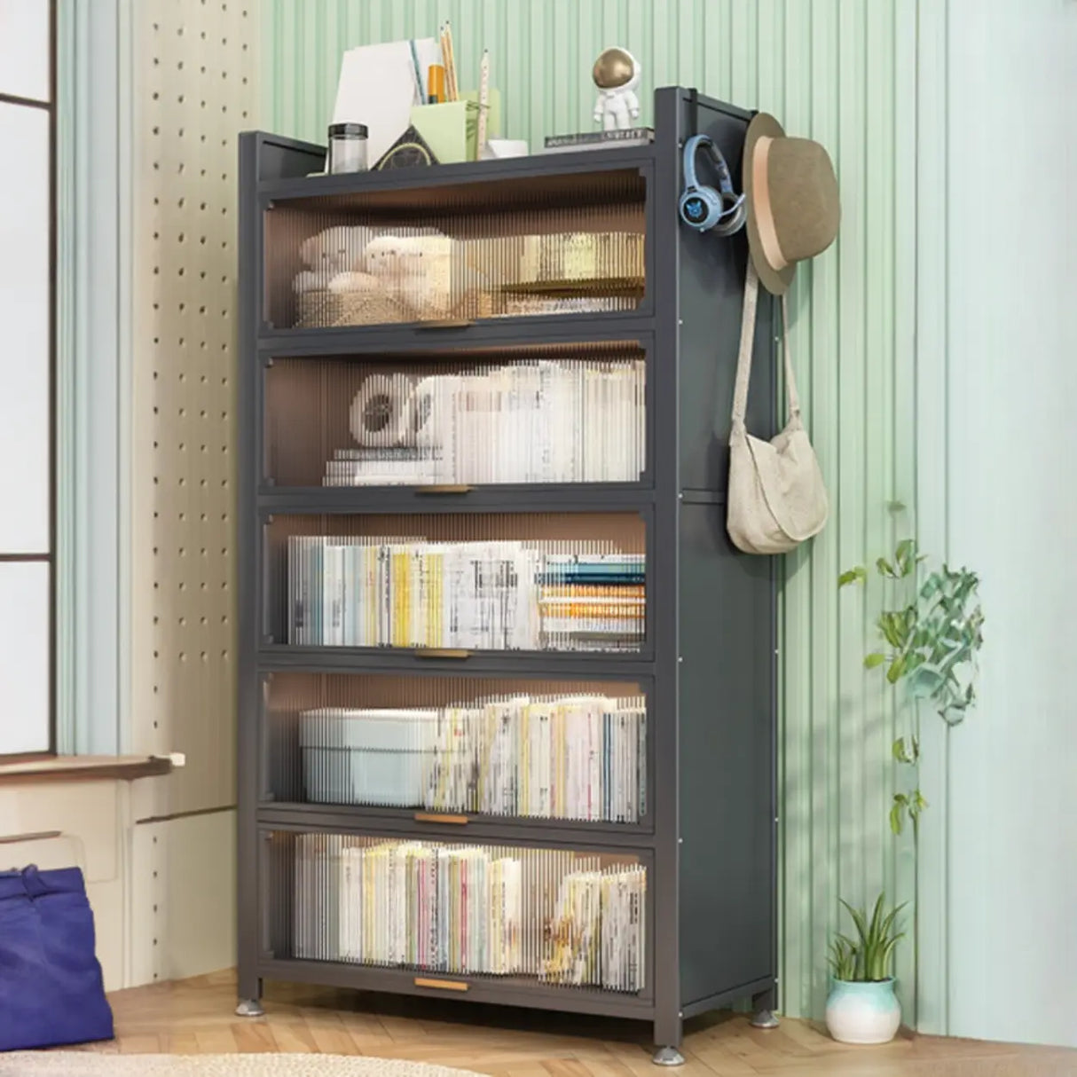 Modern Steel Vertical Shelf Display Bookcase White Image - 12