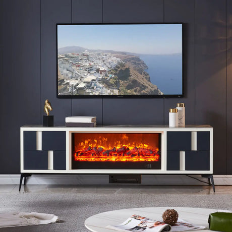 Modern Stone TV Stand with Built-In Fireplace Lighting Image - 1