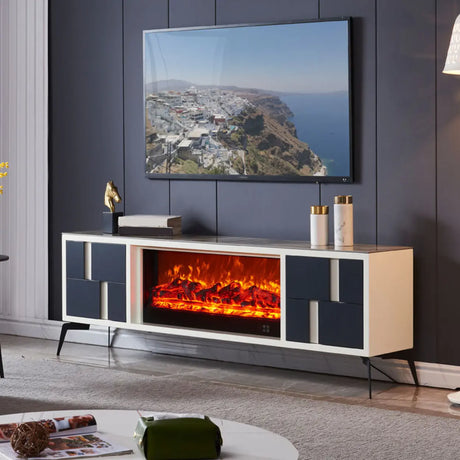 Modern Stone TV Stand with Built-In Fireplace Lighting Image - 2