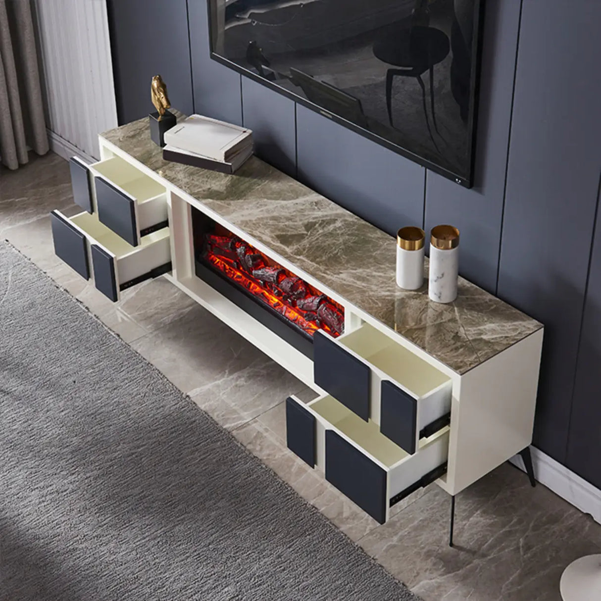 Modern Stone TV Stand with Built-In Fireplace Lighting Image - 3