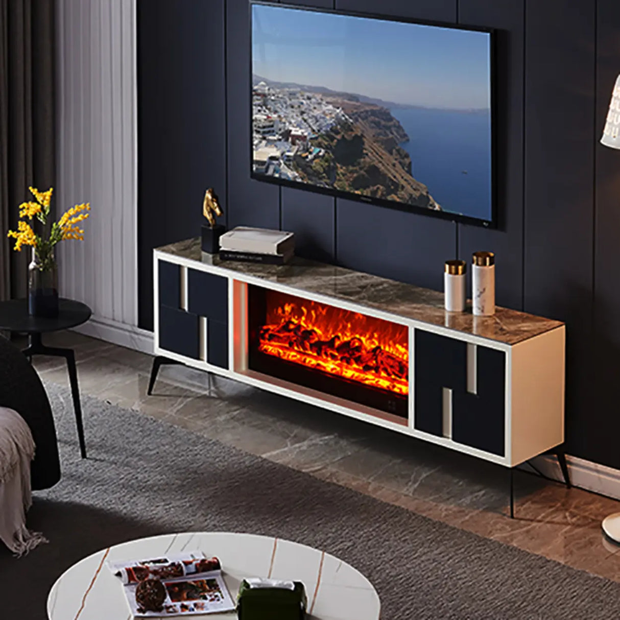 Modern Stone TV Stand with Built-In Fireplace Lighting Image - 4
