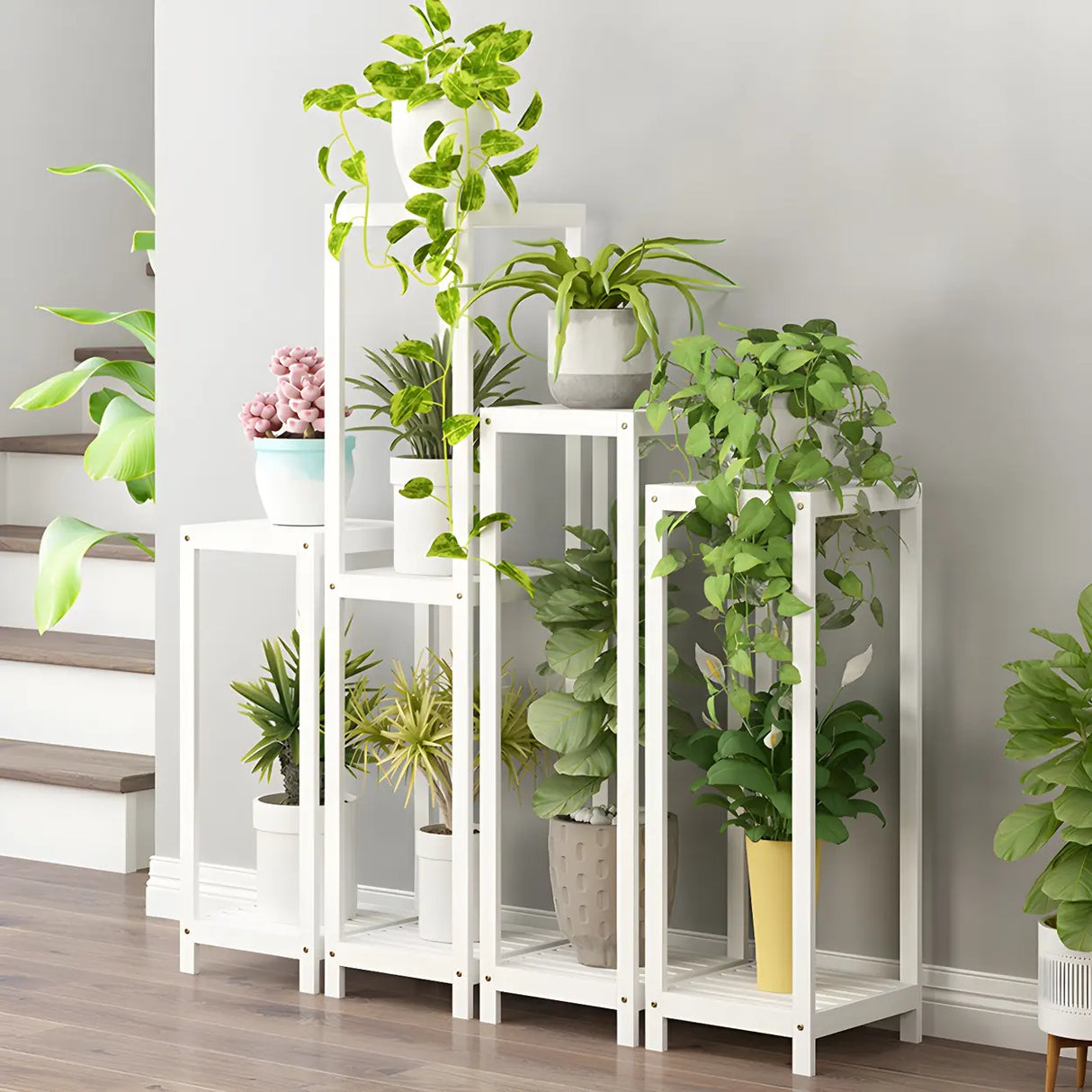 Modern Straight Leg Solid Wood White Square Plant Stand Image - 12