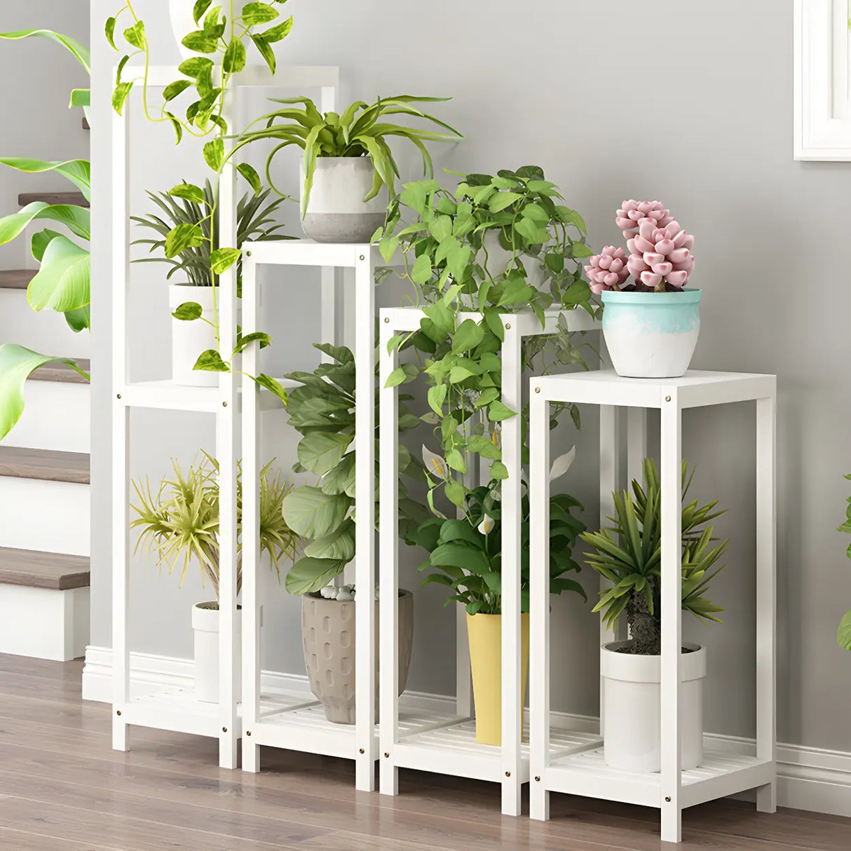 Modern Straight Leg Solid Wood White Square Plant Stand Image - 4