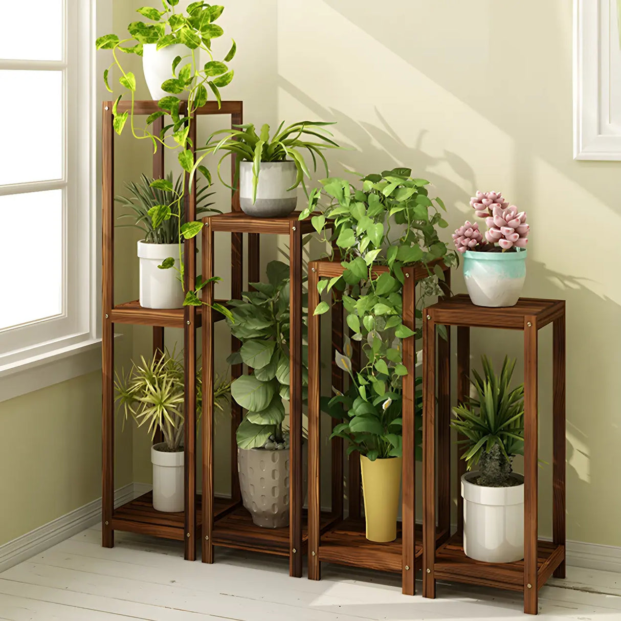Modern Straight Leg Solid Wood White Square Plant Stand Image - 8