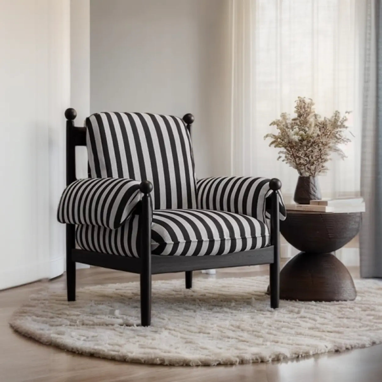 Modern Striped Armrest Brown Accent Chair With Slipcover Image - 4