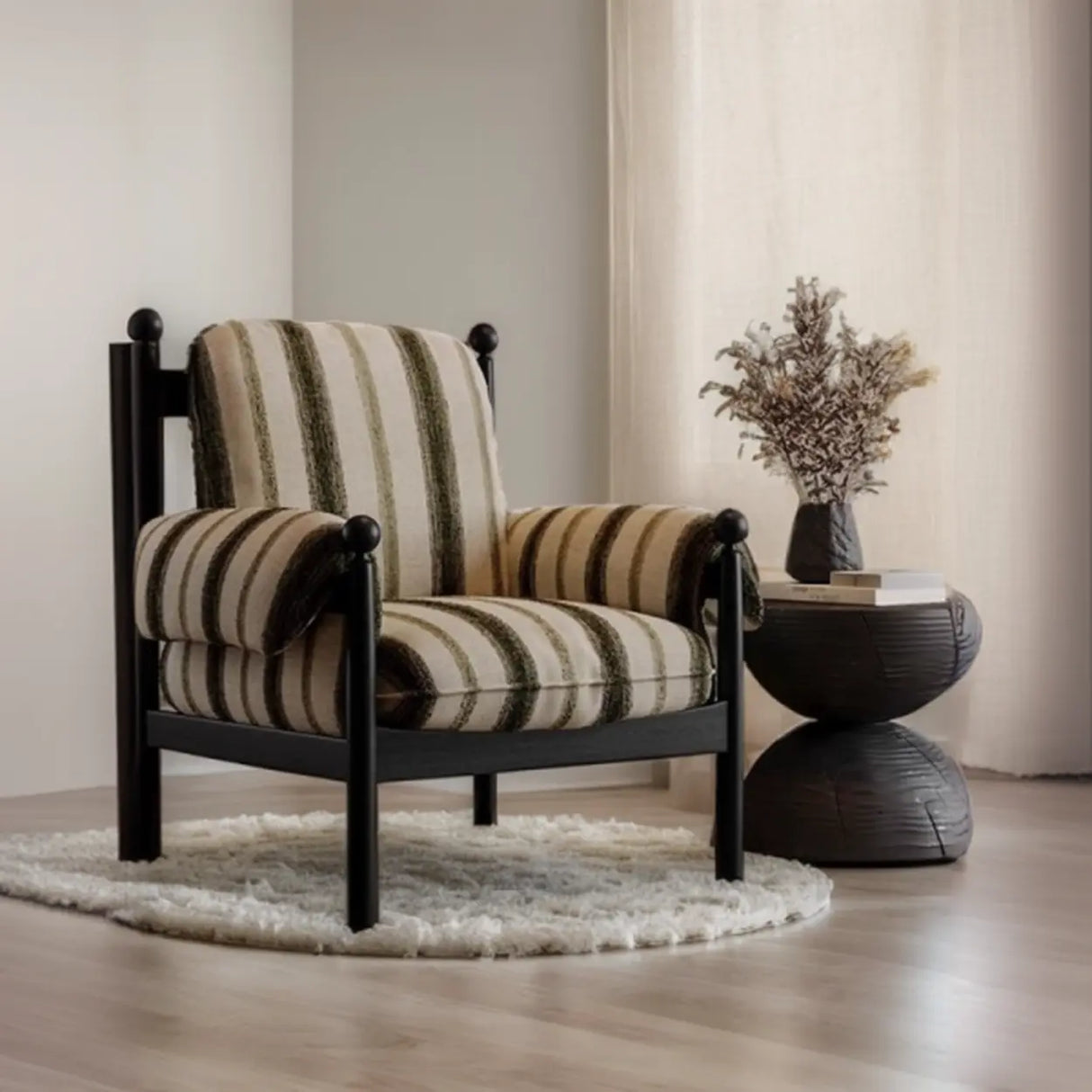 Modern Striped Armrest Brown Accent Chair With Slipcover Image - 6