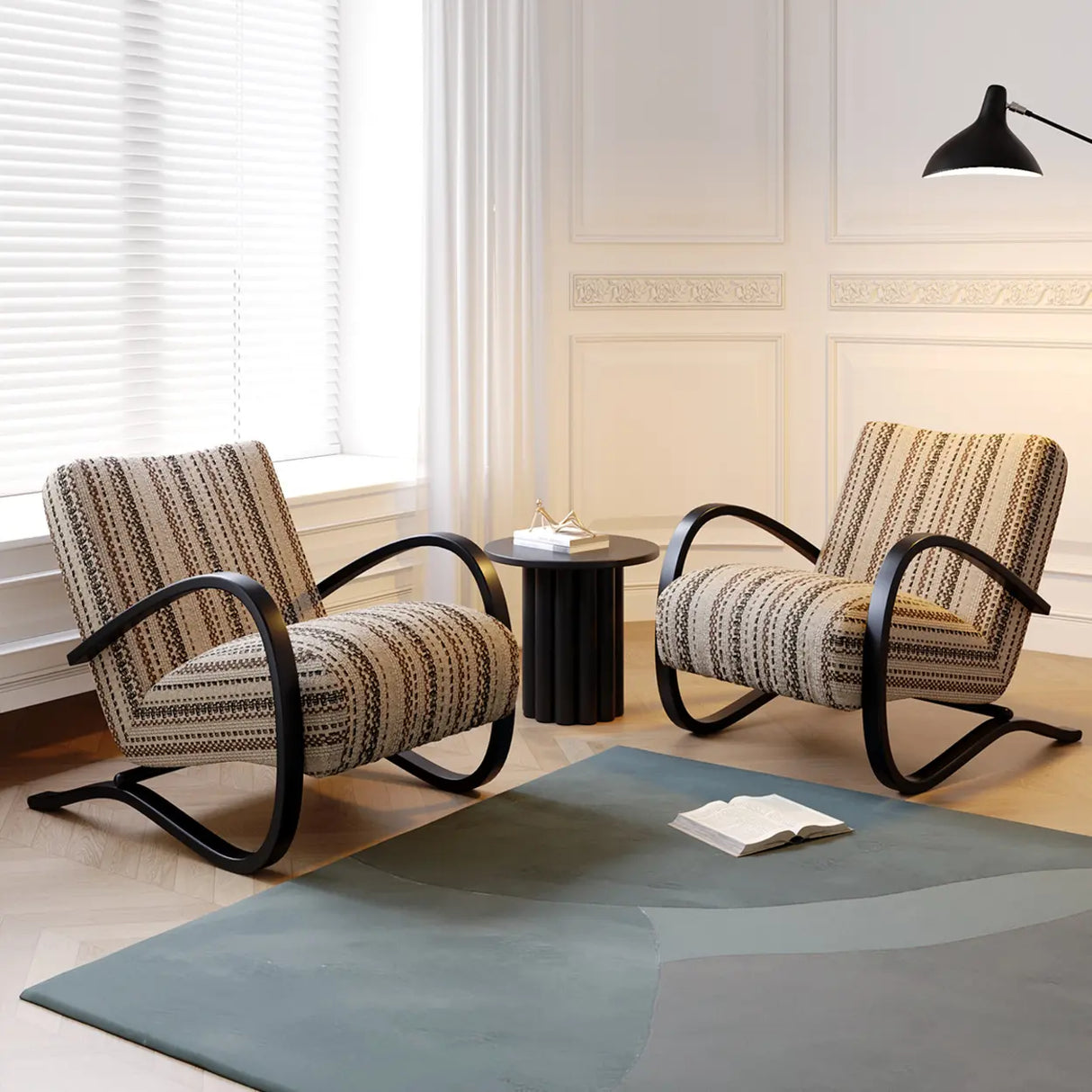 Modern Striped Reclining Lounge Accent Chairs with Curved Arms Image - 1