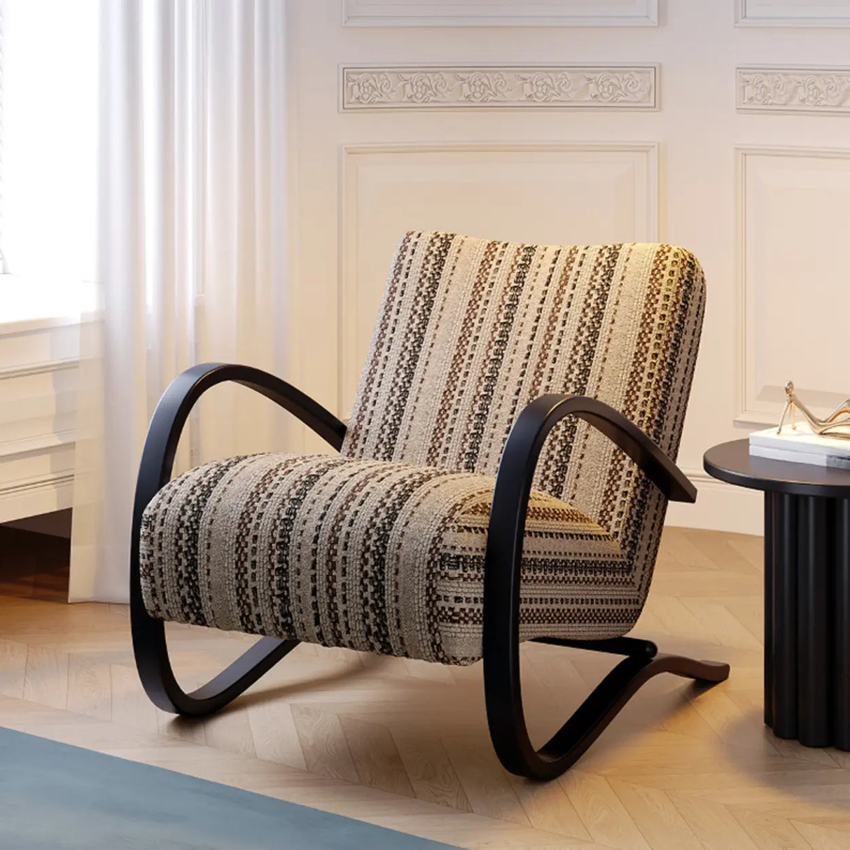 Modern Striped Reclining Lounge Accent Chairs with Curved Arms Image - 3