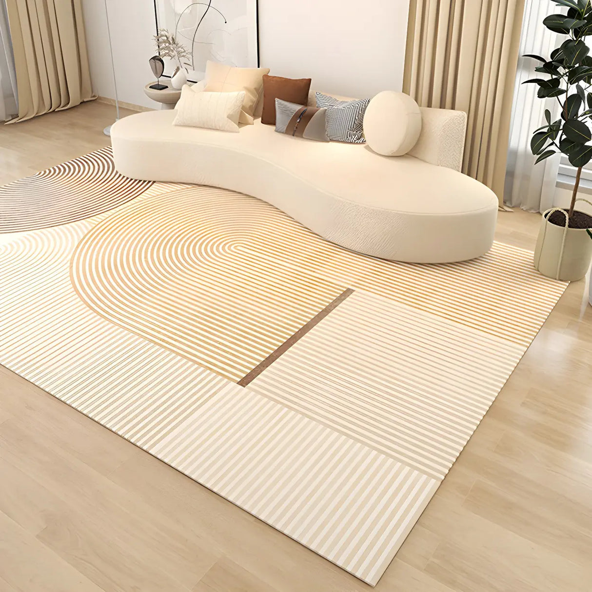 Modern Striped Rectangle Fabric Apricot Medium Area Rug Image - 1