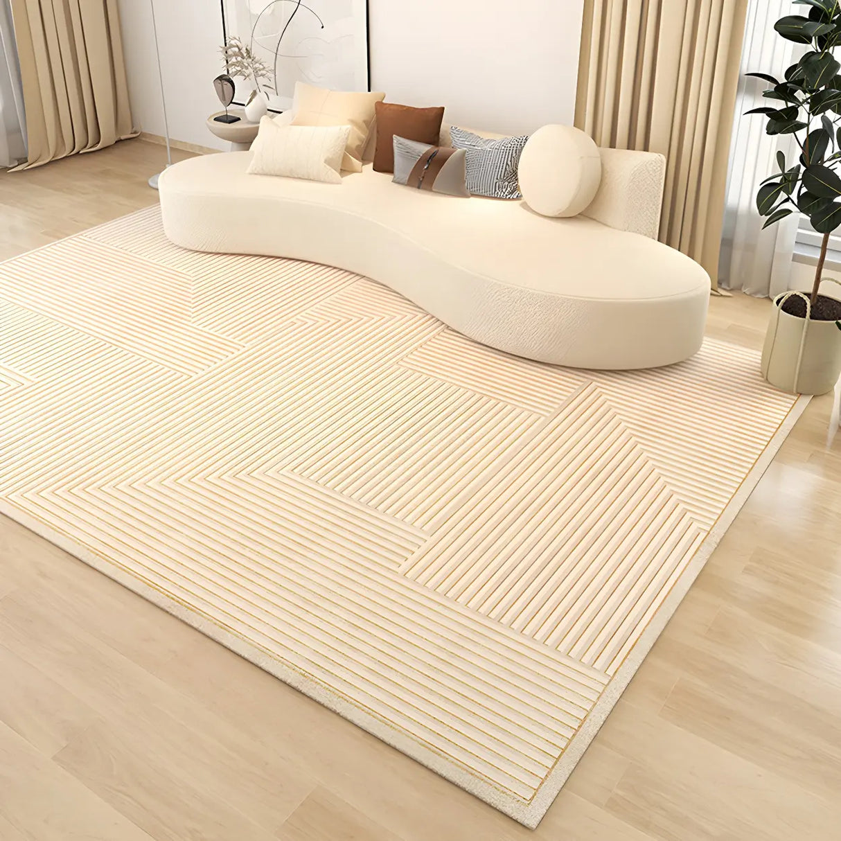 Modern Striped Rectangle Fabric Apricot Medium Area Rug Image - 3