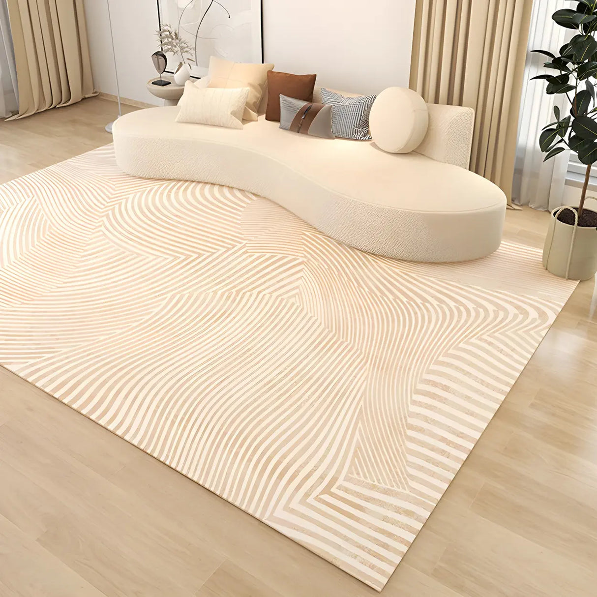 Modern Striped Rectangle Fabric Apricot Medium Area Rug Image - 5
