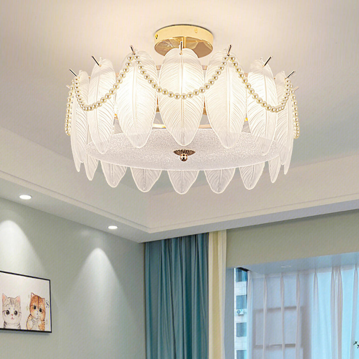 Modern Style Shell-Shaped Flush Mount Light Pearl Accents Image - 3