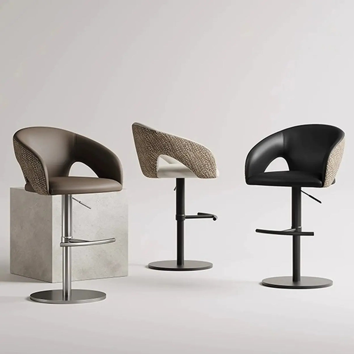 Modern Swivel Adjustable Brown Leather Bucket Back Bar Stool Image - 1